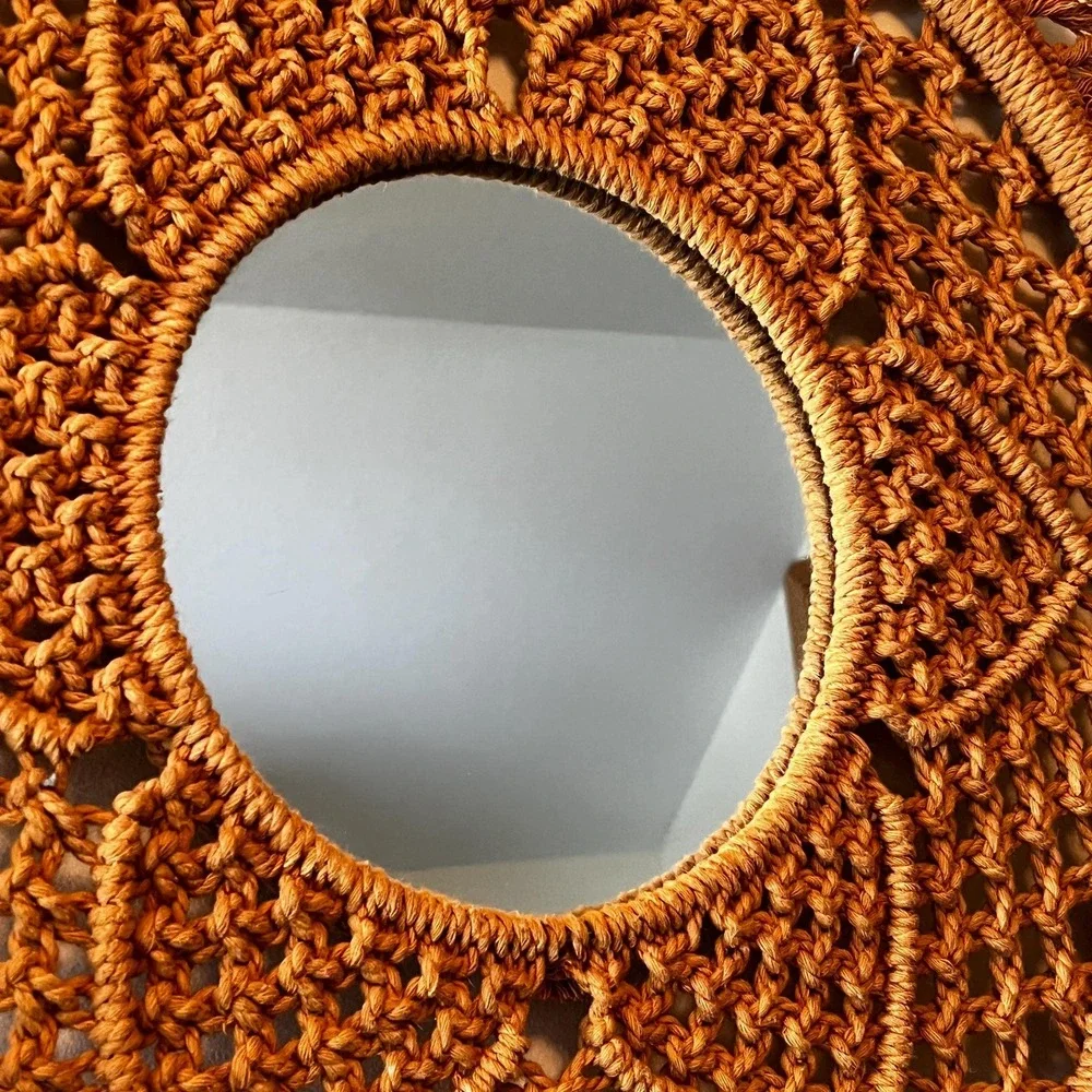 Vintage Boho Macrame Wall Mirror Round Woven Fringe Mirror 21